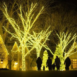 A group of people in silhouette walk toward Ford House with its brilliant golden lights shining.