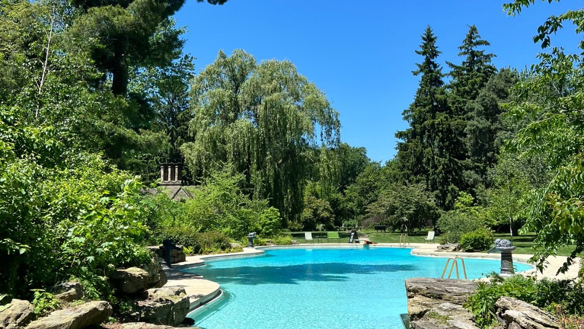 A sunny view of the kidney-shaped pool at Ford House surrounded by trees, plantings, and glimpses of history.
