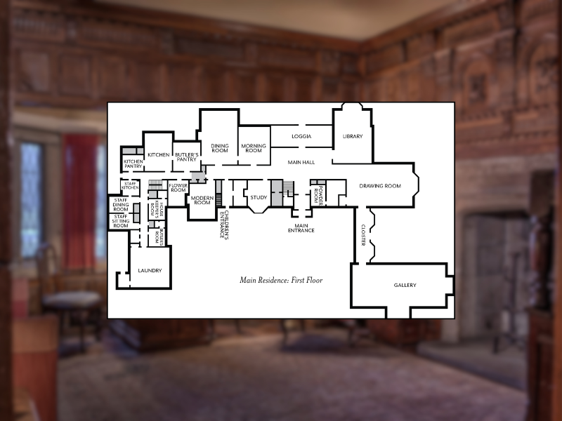 First floor floorplan of the Main Residence at Ford House, showing locations of rooms including the Dining Room, Kitchen, Modern Room, Library, and Gallery."