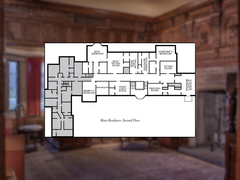 Second floor floorplan of the Main Residence at Ford House, showing family bedrooms, guest rooms, and private sitting rooms.