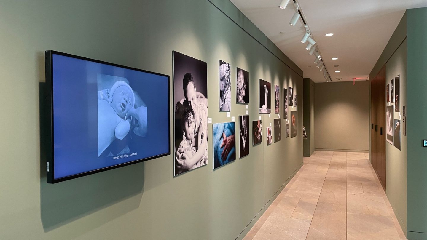 Wide hallway view of the Love in Reach exhibit, with portraits and black-and-white photographs of hands and human connection. A digital screen on the wall displays rotating images from the exhibition, including a newborn child.
