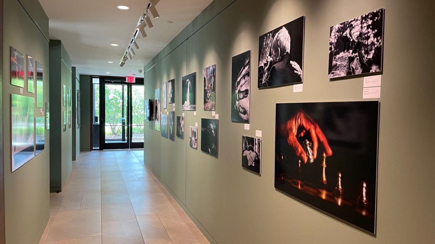 A hallway of the Love in Reach exhibit features dramatic lighting and powerful images, including a hand moving a chess piece and people embracing, climbing, or reaching out.