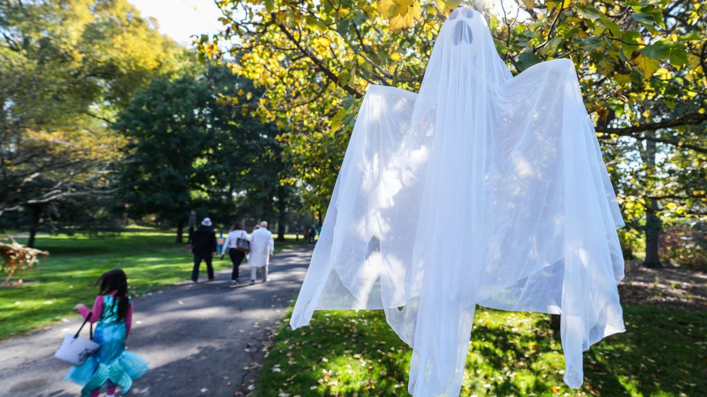 A white ghost decoration hangs from a tree along a walking trail as families stroll in costume beneath the fall foliage.
