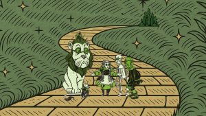 Illustrated scene inspired by The Wizard of Oz, showing Dorothy, Toto, the Tin Man, Scarecrow, and Cowardly Lion walking along the yellow brick road toward the distant Emerald City. The whimsical background is filled with swirling green foliage and sparkling stars.